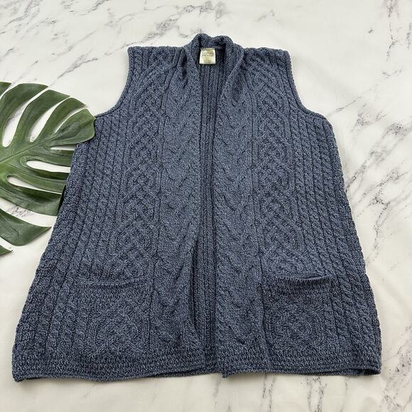 Kilronan Knitwear Womens Merino Wool Sweater Vest Size L Blue Cable Knit Open - Picture 1 of 10